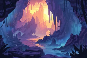 Fototapeta premium Mystical Cave Entrance with Glowing River and Sunset