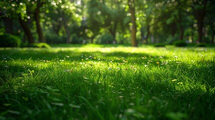 Naklejka premium A tranquil green grass field in a park, with a few scattered wildflowers adding a pop of color to the lush greenery.