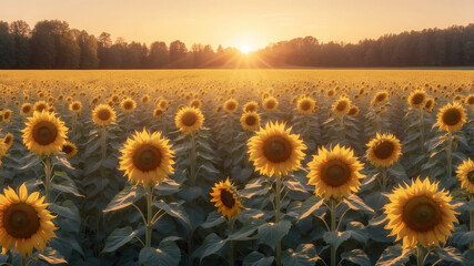 Fototapeta premium sunflowers under a golden sunset, with long, dramatic shadows stretching across the landscape and a soft