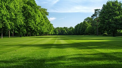 Obraz premium A vast green grass field in a park, with perfectly manicured lawns and vibrant, healthy grass stretching as far as the eye can see.