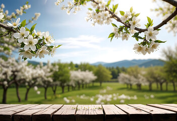Pristine white blossoms flourishing on a tree limb, their petals contrasting with the wooden table in the foreground and the out-of-focus natural scenery behind