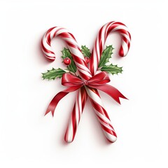 Festive image of two candy canes tied with a red bow, adorned with holly leaves and berries, perfect for Christmas themes. Isolated on white background.
