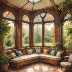 Fototapeta premium Watercolor painting of Sunlit Victorian Conservatory.