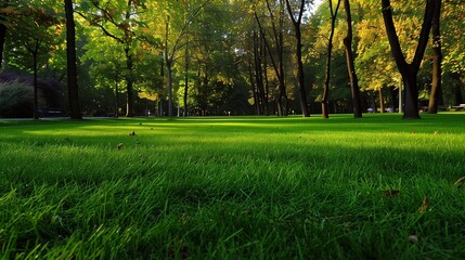 Obraz premium A well-kept green grass field in a public park, perfect for picnics and outdoor activities, with the grass lush and inviting.