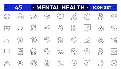 Mental health icon set. Containing depression, bipolar, PTSD, panic and mind disorder icons. Psychology outline symbol vector illustration.