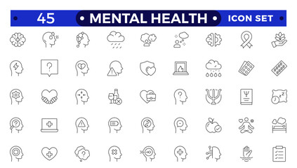 Mental health icon set. Containing depression, bipolar, PTSD, panic and mind disorder icons. Psychology outline symbol vector illustration.