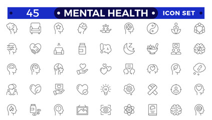 Mental health icon set. Containing depression, bipolar, PTSD, panic and mind disorder icons. Psychology outline symbol vector illustration.