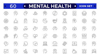 Mental health icon set. Containing depression, bipolar, PTSD, panic and mind disorder icons. Psychology outline symbol vector illustration.