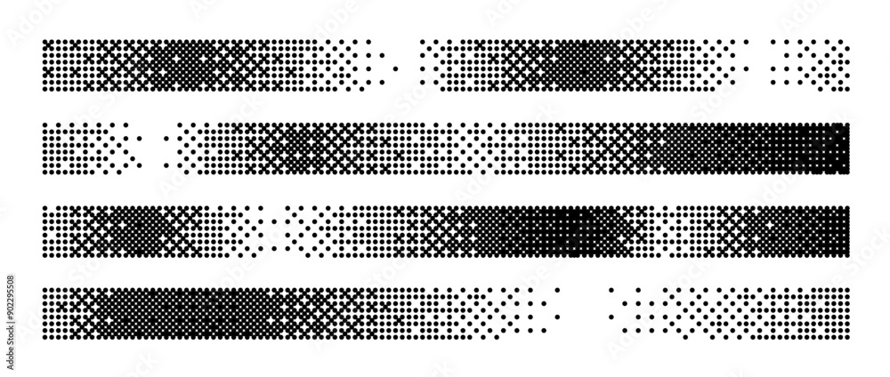 Poster Bitmap gradient border set. Black dotted halftone separator or divider collection. Pixelated rectangle decoration element for banner, poster, advertisement, card, cover. Vector horizontal stripes