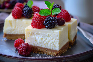 delicious slices of cheesecake with berries.