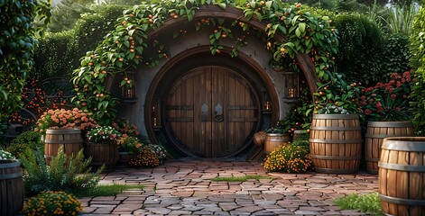a round wooden door with vines growing on it.