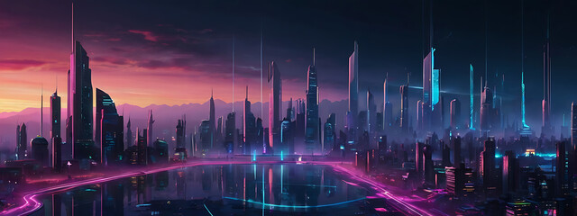 A striking digital wallpaper featuring a futuristic sci-fi landscape with neon lights, advanced technology, and a sprawling cityscape, with plenty of space for text.