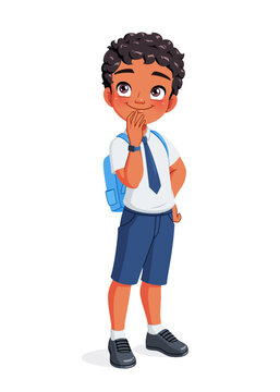 Thinking Indian boy in school uniform. Cartoon vector illustration.
