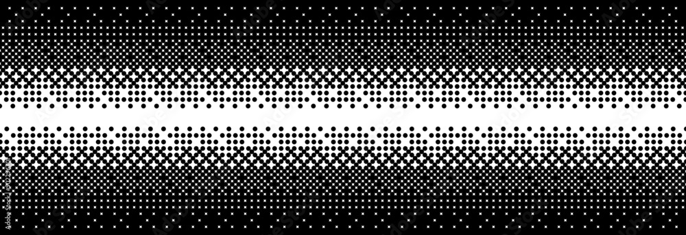 Poster Fading bitmap gradient texture. Black and white dither pattern background. Abstract pixelated glitchy pattern. 8 bit video game screen wallpaper. Vanishing pixel art backdrop. Vector retro halftone