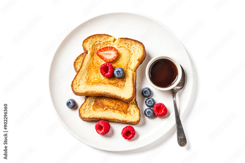 Poster French toast with berries and syrup on a white plate