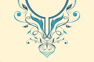 Intricate floral collar design with blue patterns and detailed motifs. The symmetrical arrangement of flowers and leaves, along with delicate ornaments and flowing ribbons, exudes elegance and traditi