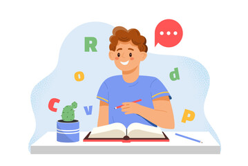 Boy with homework. Kid sits at table with book. Education and training. Schoolboy preparing for test or examination. Pupil studying at home. Flat vector illustration isolated on white background