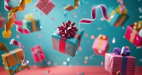 Colorful Wrapped Gifts Floating in Studio Setting