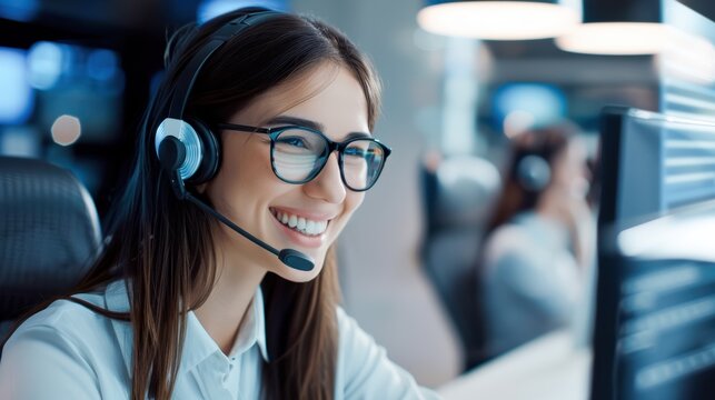Happy call center agent focused on the computer screen, wearing professional work clothes, modern office setting