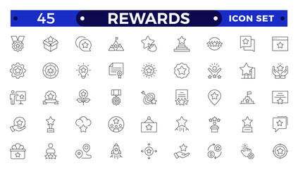 Reward icon set. Success icon, Contains icons prize, trophy, winner, gift, bonus card illustration. Set of Winner medal, cup and Laurel wreath award icons. Award line Reward, Certificate.
