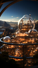 A futuristic city with large glass domes and a metal framework, overlooking a mountainous landscape at sunset. 
