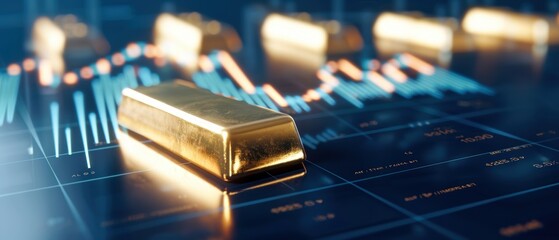 Close-up of a gold bar with an animated trading data graph behind, focusing on the value and performance of gold investments
