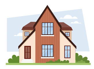 Modern house concept. Cottage or townhouse exterior or facade. Urban architecture and building. Private property and real estate. Flat vector illustration isolated on white background