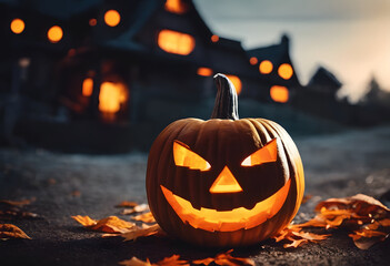 A carved pumpkin with a sinister face, glowing from within, sits on a path covered with autumn leaves. In the background, a spooky house with illuminated windows adds to the Halloween atmosphere.