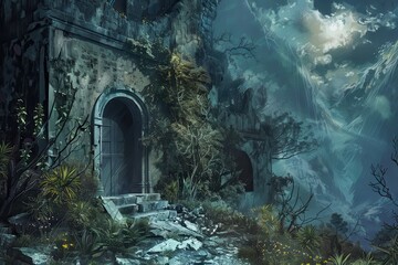 Mysterious overgrown ruins of an ancient castle tower in a dense forest