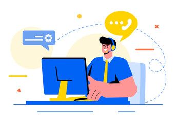 Call Center Agent Vector Illustration of Customer Service or Hotline Operator with Headsets or Computers in a Flat Style Cartoon Background