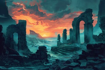 Fototapeta premium Ancient ruins of a forgotten civilization stand tall against the setting sun on a distant shore