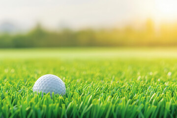 Obraz premium A close-up of a golf ball resting on lush green grass, illuminated by soft sunlight, perfect for sports or outdoor themes.