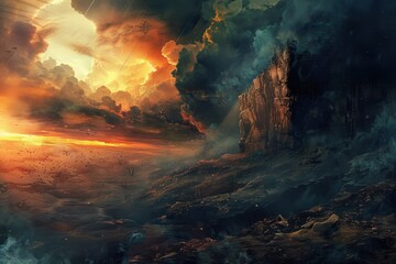 A dark and stormy landscape with a large rock formation in the foreground and a stormy sky in the background