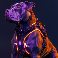  an American pitbull terrier dog harness, with the backpack on the harness, the colors purple and hot orange, with a light on the chest of the harness.