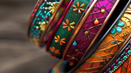 Fototapeta premium A close-up shot of a stack of colorful bangles, capturing the intricate patterns and bright colors in high detail.