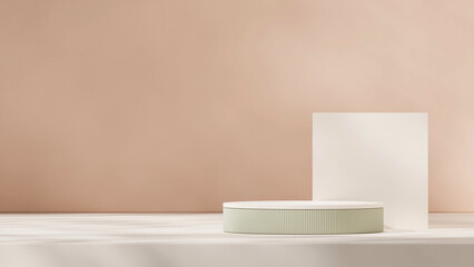 in landscape brown wall background, 3d image render template mockup white and green color podium