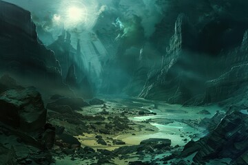 Mysterious alien landscape with glowing moon and river