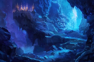 Ancient temple ruins in a frozen cavern with glowing blue crystals and a staircase leading up to the temple