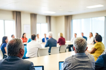 Fototapeta premium Business Meeting, Attendees, Focus on One, Senior Manager, Laptop, Technology, Conference Room
