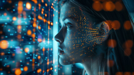 Young woman closely examining cyber security data on a futuristic digital interface, highlighting cyber threat analysis and advanced technology.