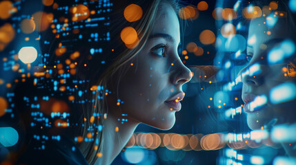 A female IT professional analyzing cybersecurity threats with futuristic digital visualizations, emphasizing technology and data security.
