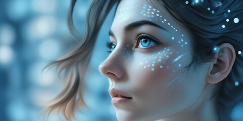 Close-up portrait woman  face woman appears to AI technology cre