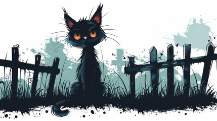 Cartoon Vector Black cat sitting on a fence with a spooky graveyard and rising mist. Isolated white background
