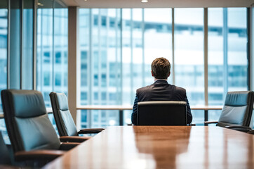 Businessman sitting in a conference room with a view of the city