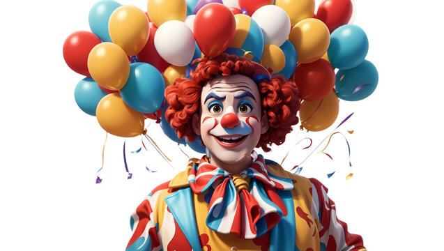 Colorful 3d cartoon circus clown with balloons Isolated on white.