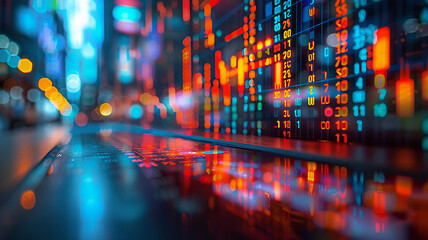 Executives in a meeting discussing data metrics, blurred stock graph background in high resolution