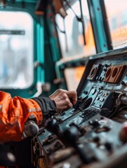 Train conductor at controls