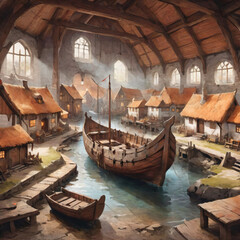 Obraz premium Watercolor painting of Medieval Village Harbor.