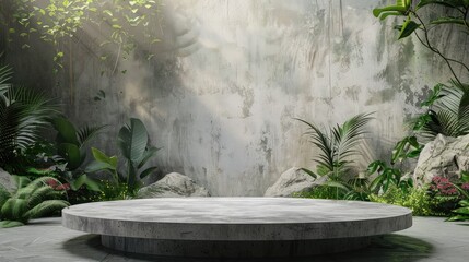 Concrete podium with a rustic, natural backdrop, ideal for adding text and product highlights