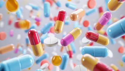 Detailed closeup of antibiotic capsules and pills in mid-air, creating a crisp and clear 3D medical background.